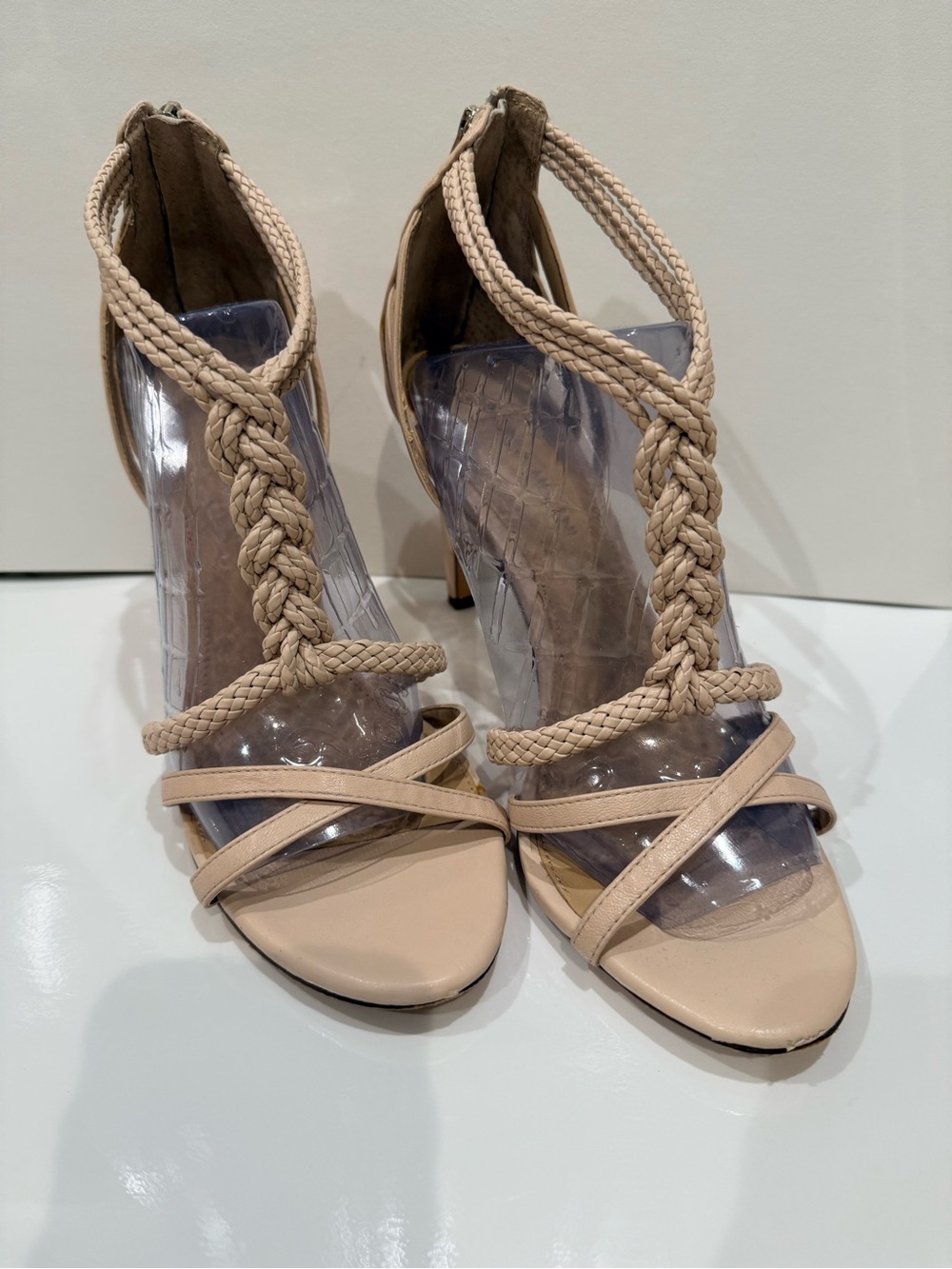 ANTONIO MELANI Nude Braided T-Strap Heels